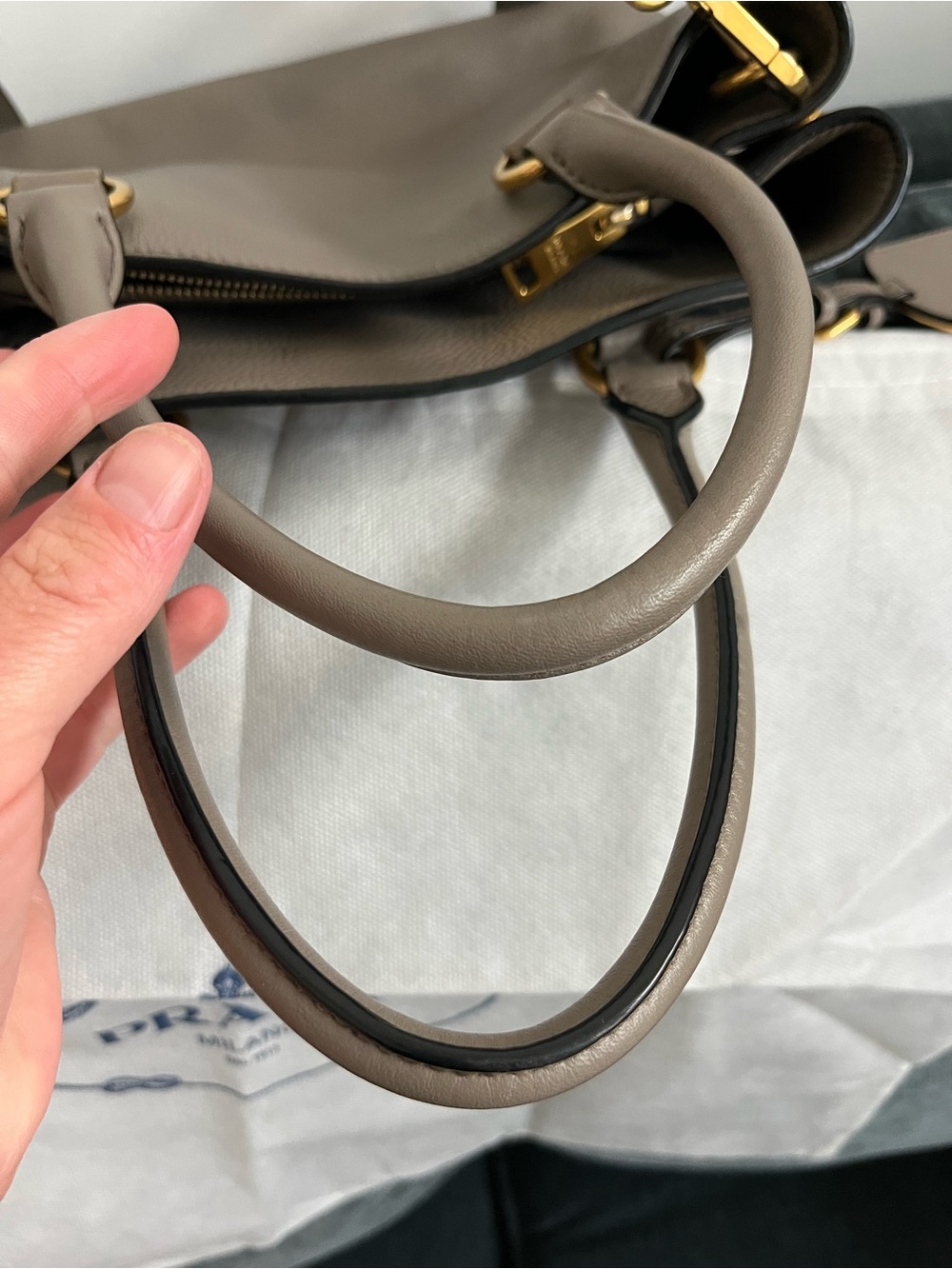 100% AUTH Prada Taupe Pebbled Leather Satchel with Gold Hardware - Picture 8 of 14